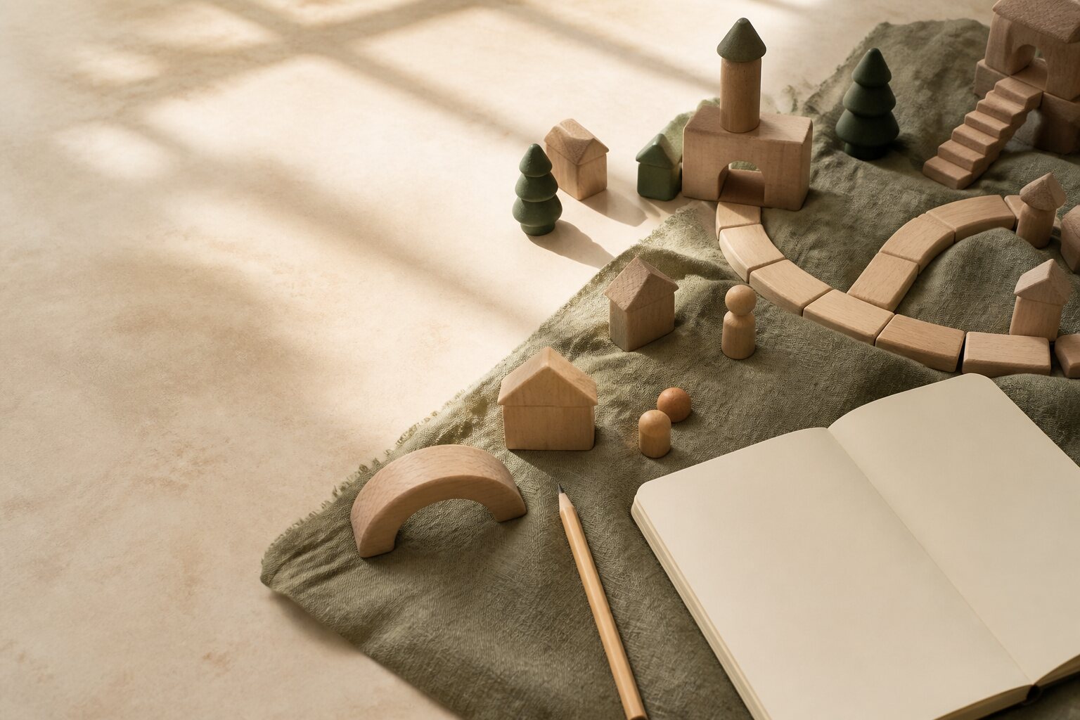 Wooden blocks and an open notebook on a sunlit floor