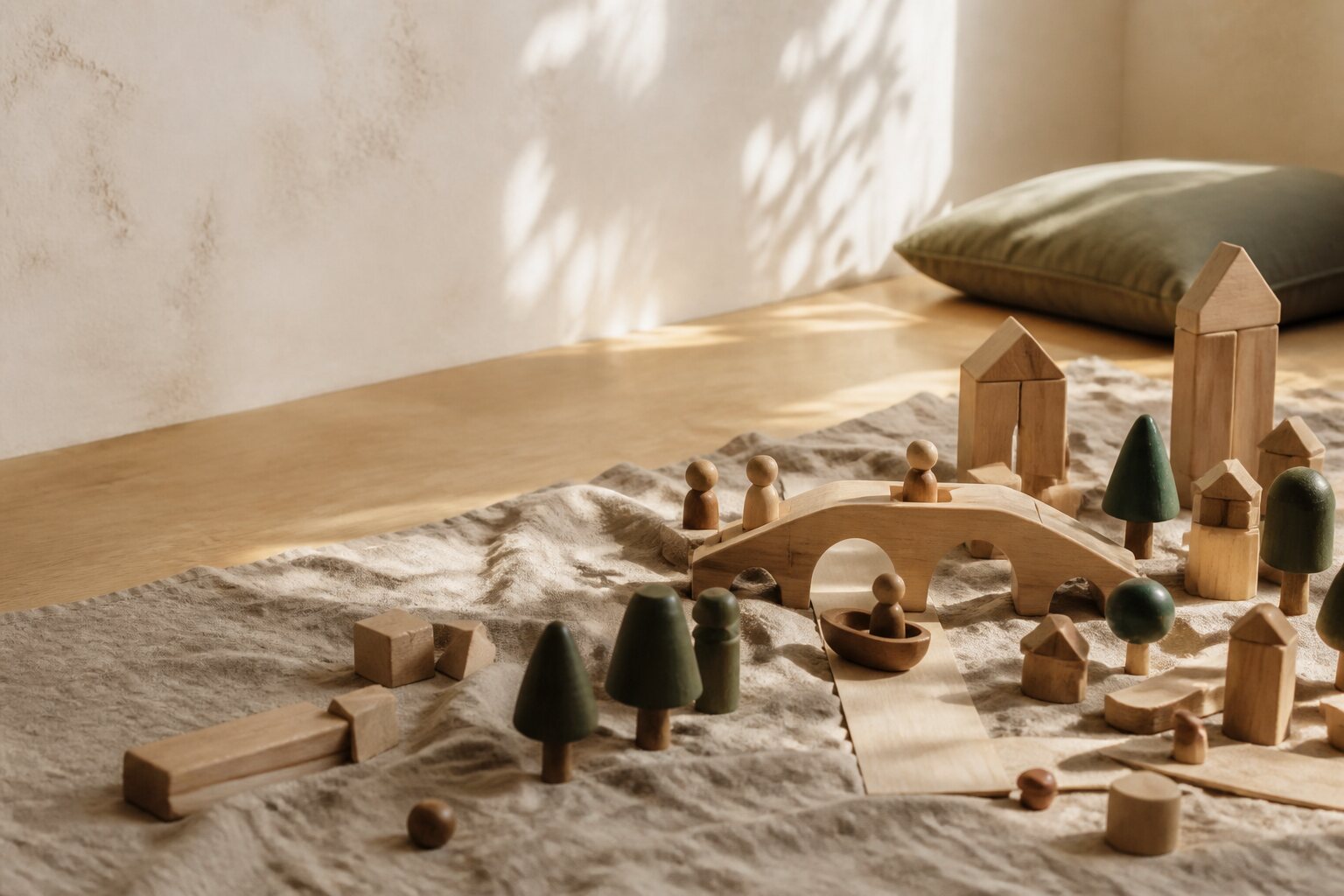 A wooden block village built on a linen play mat