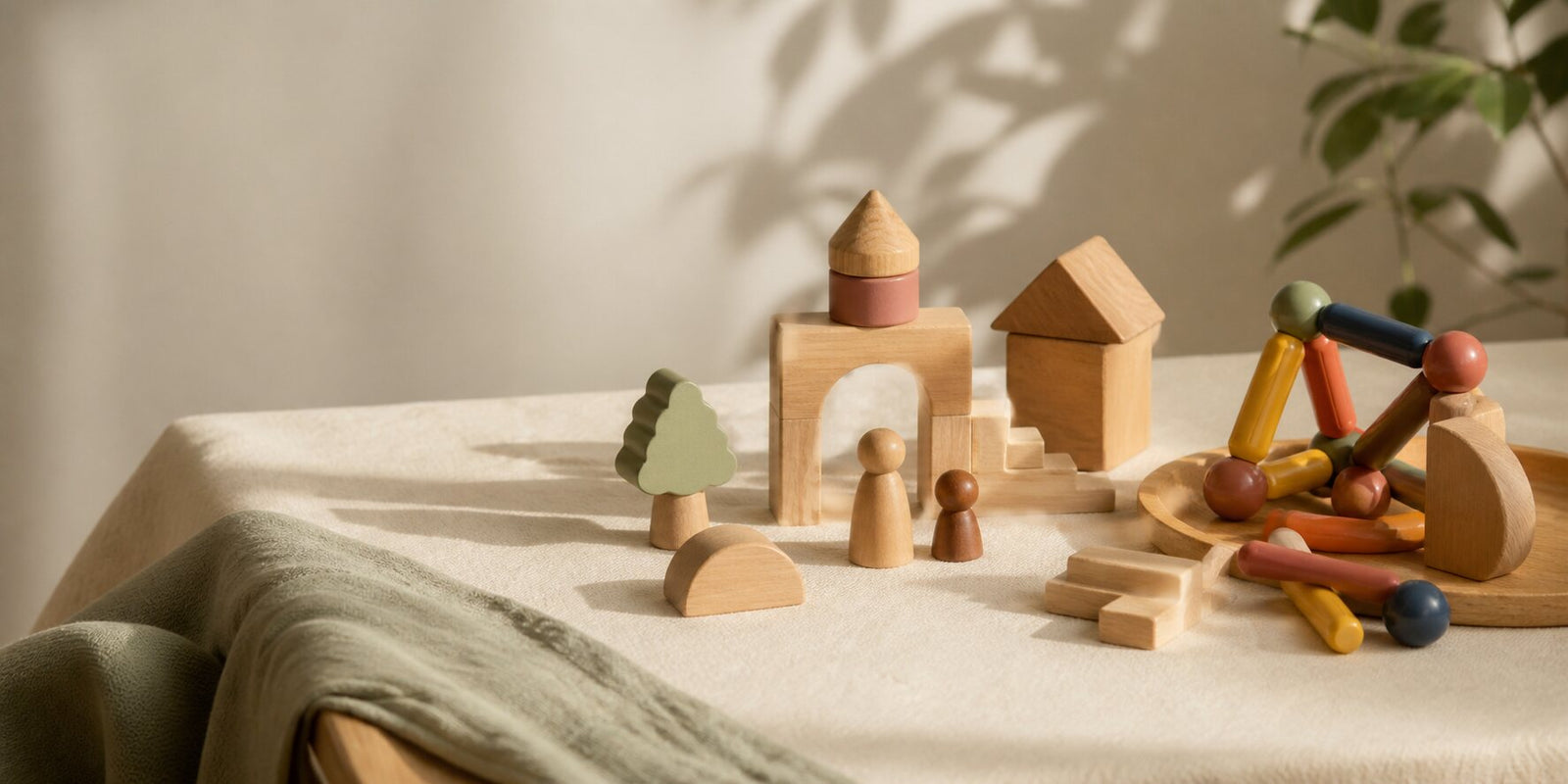 Wooden blocks and figures arranged on a sunlit table